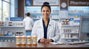 A smiling pharmacist in a white coat stands behind a counter with prescription bottles and a computer in a pharmacy.