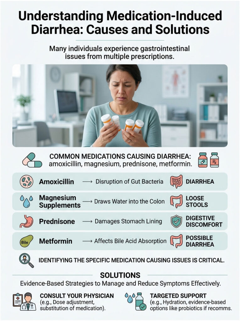 Woman holds medication bottles while reading about medication-induced diarrhea causes and solutions in an infographic.