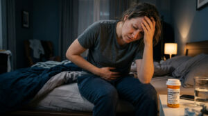 A woman sits on a bed, holding her stomach in pain, with a prescription bottle beside her.
