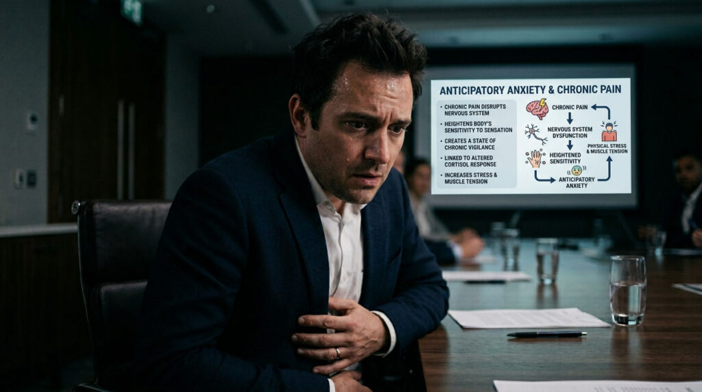 A man in a suit sits at a conference table, looking anxious while a presentation on chronic pain is displayed behind him.