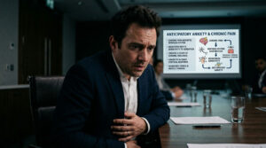 A man in a suit sits at a conference table, looking anxious while a presentation on chronic pain is displayed behind him.