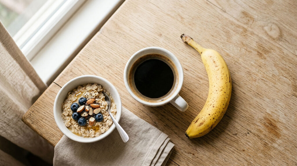 A bowl of oatmeal topped with blueberries and almonds, a cup of black coffee, and a banana on a wooden table.