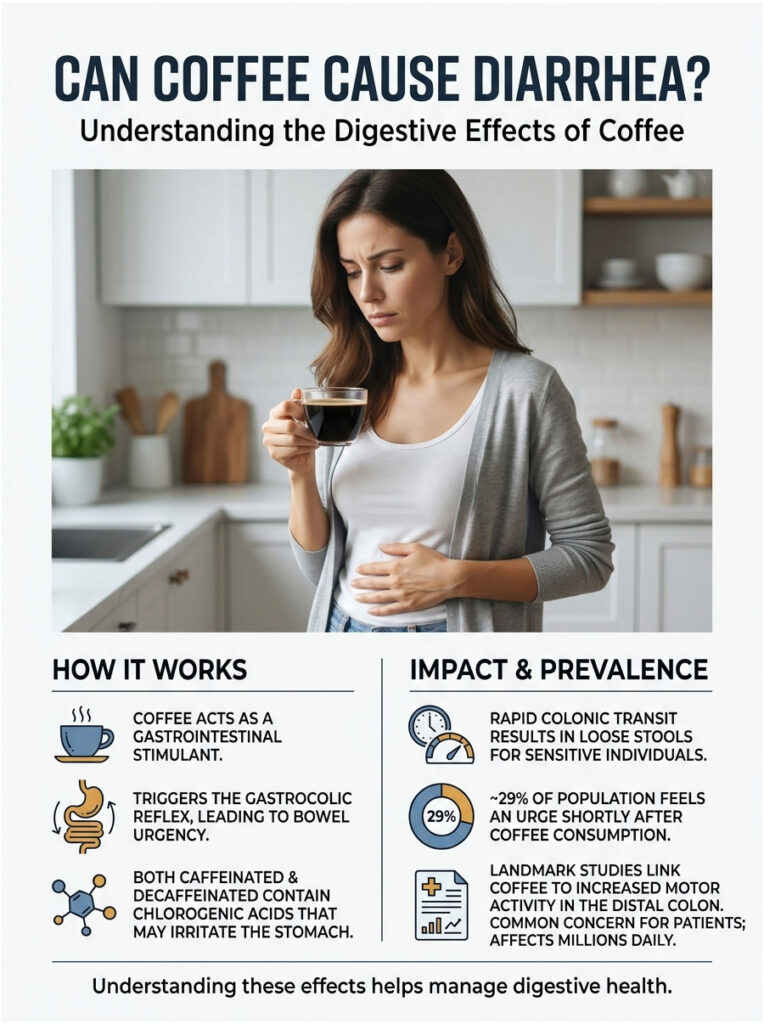 Woman holds coffee cup, explaining coffee's digestive effects with text on how it works and its prevalence. Infographic.