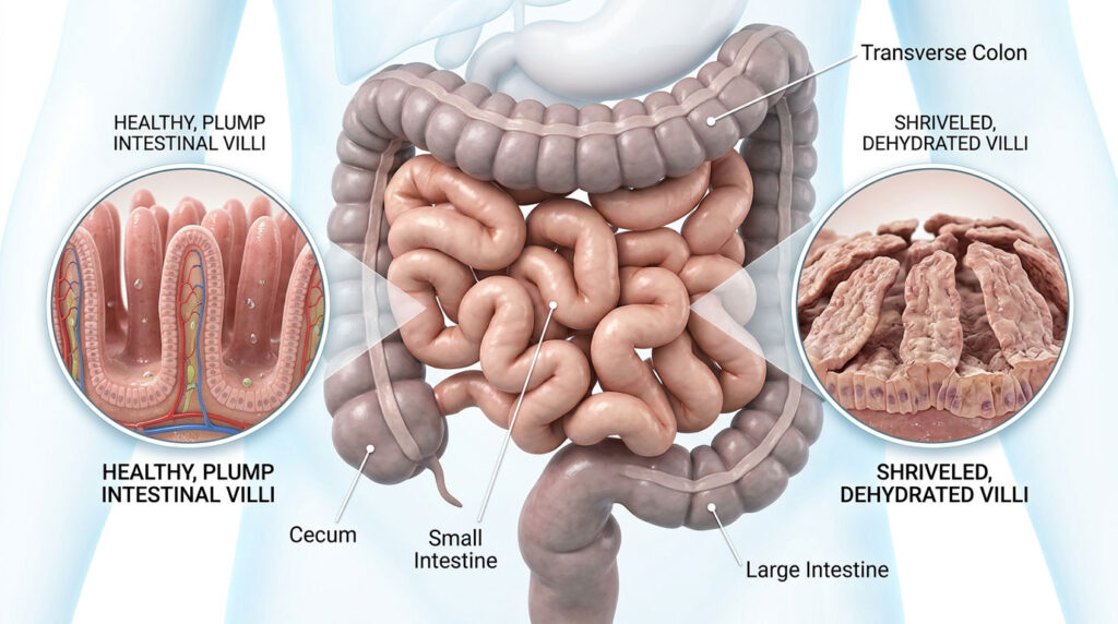 Anatomical illustration of the human intestines showing healthy and shriveled villi with labeled sections.
