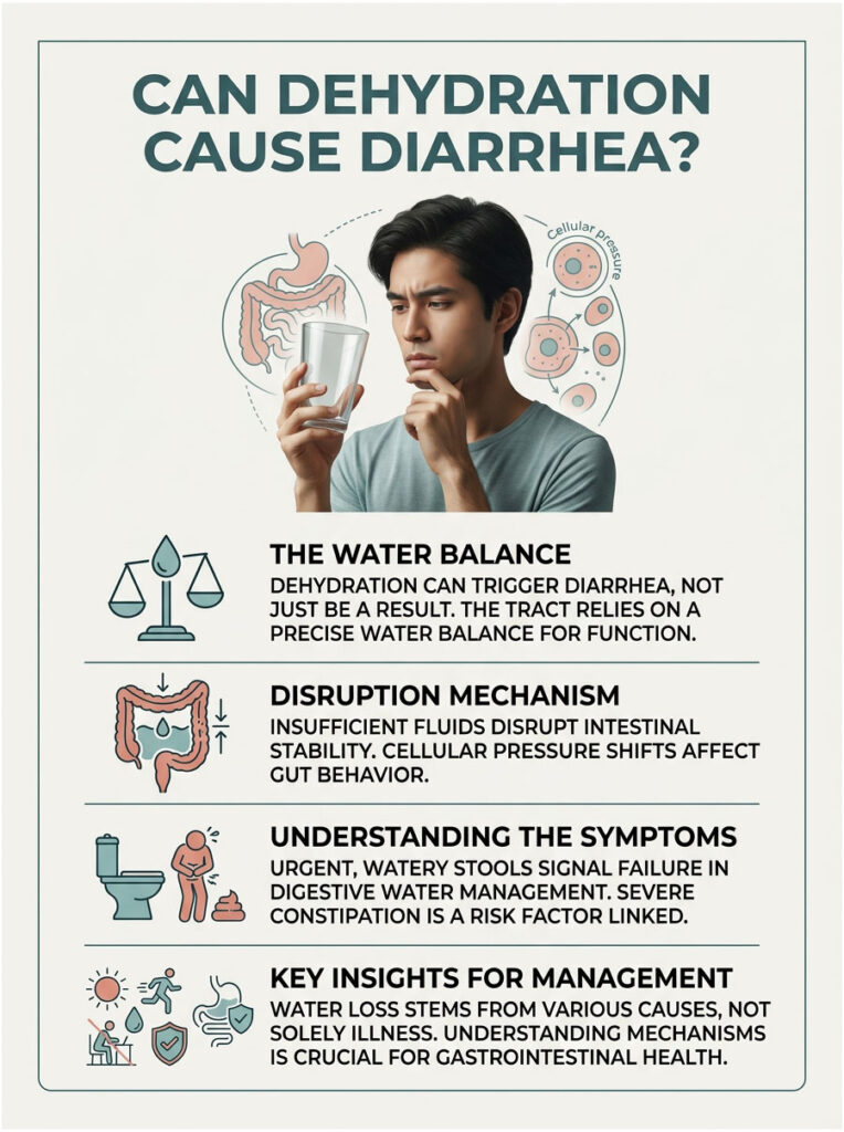 Infographic explaining dehydration's role in diarrhea, featuring a man holding a glass of water and digestive illustrations.