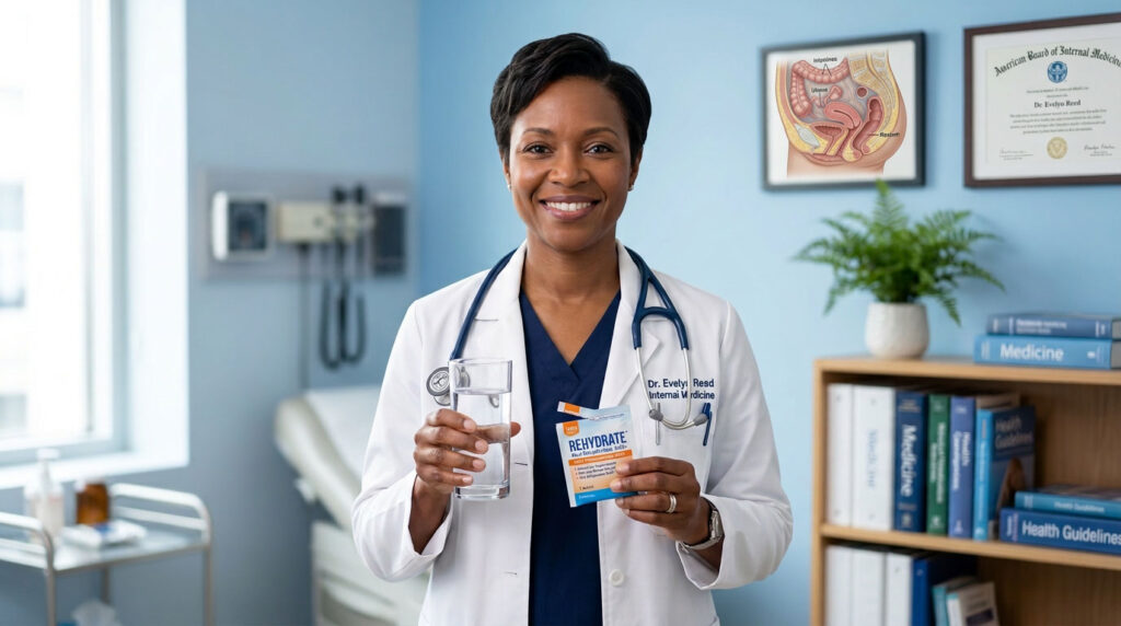 A smiling doctor holds a glass of water and a Rehydrate packet in a medical office setting.
