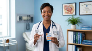 A smiling doctor holds a glass of water and a Rehydrate packet in a medical office setting.