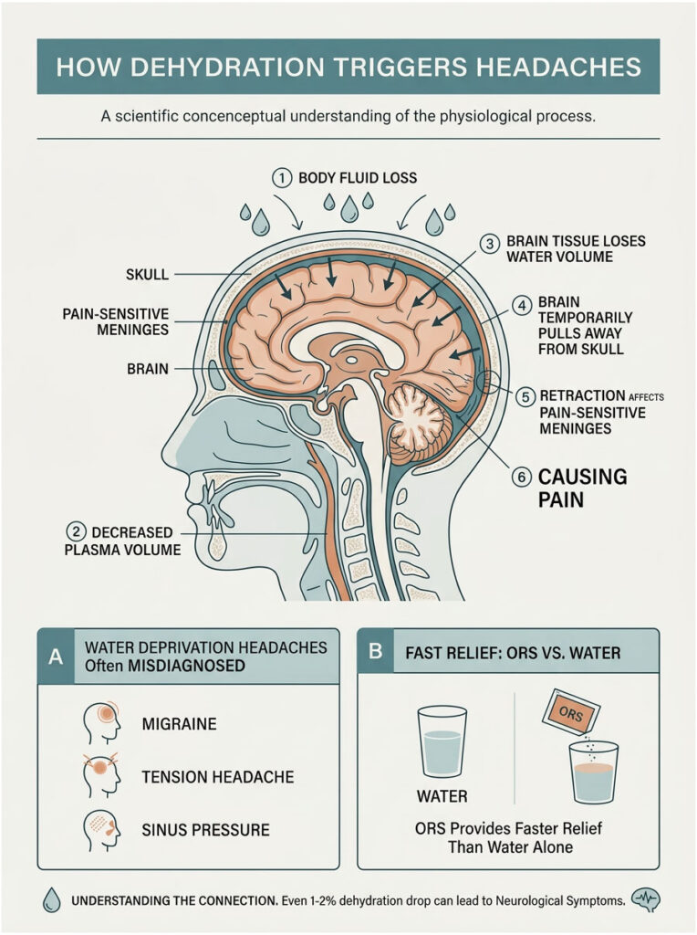 Infographic illustrating how dehydration triggers headaches with labeled brain anatomy and water deprivation effects.