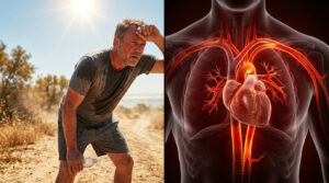 A sweaty man wipes his forehead while holding a water bottle on a dusty trail under bright sunlight.