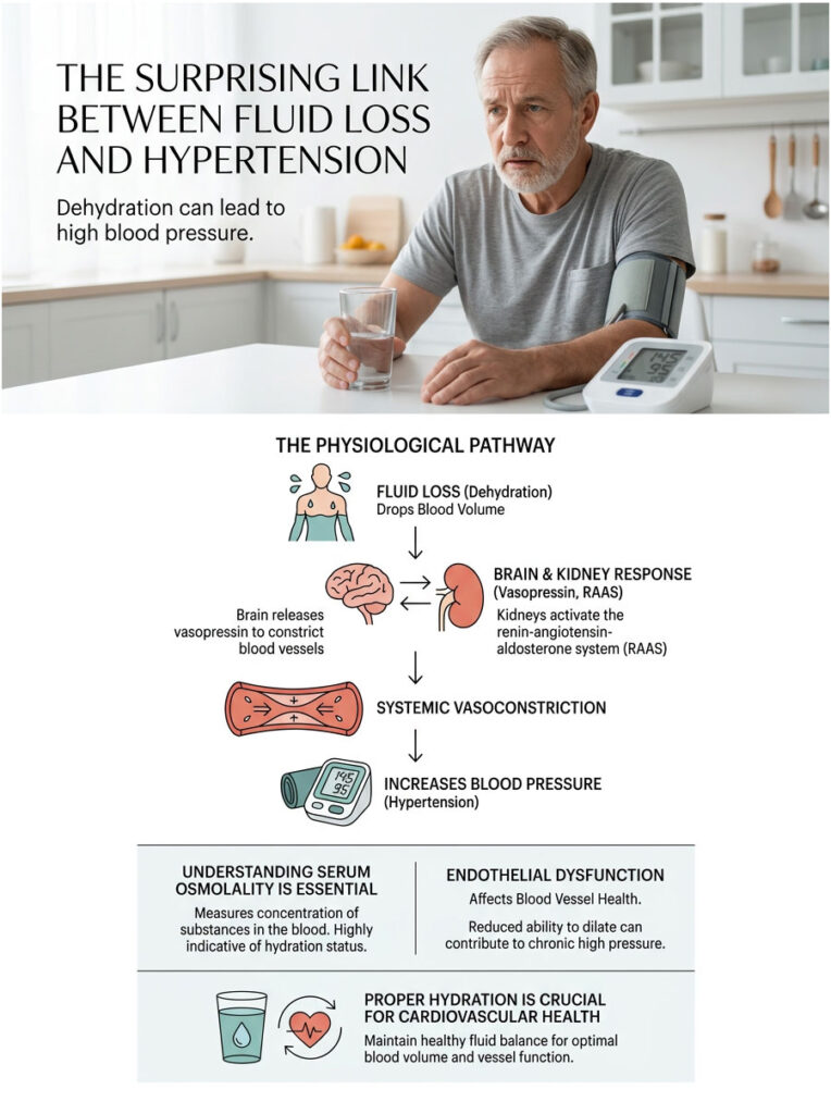 Infographic showing the link between fluid loss and hypertension, featuring diagrams and key points on hydration and blood pressure.