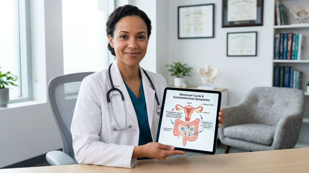 A female doctor holds a tablet displaying menstrual cycle and gastrointestinal symptoms illustration in an office.