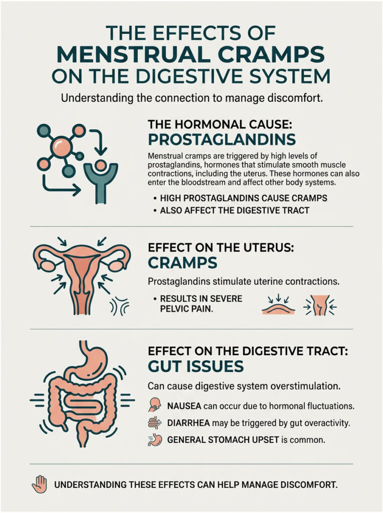 Infographic explaining menstrual cramps' effects on the digestive system, featuring illustrations and key points.