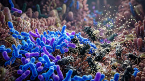 Colorful microscopic view of bacteria and microorganisms interacting in a vibrant environment.