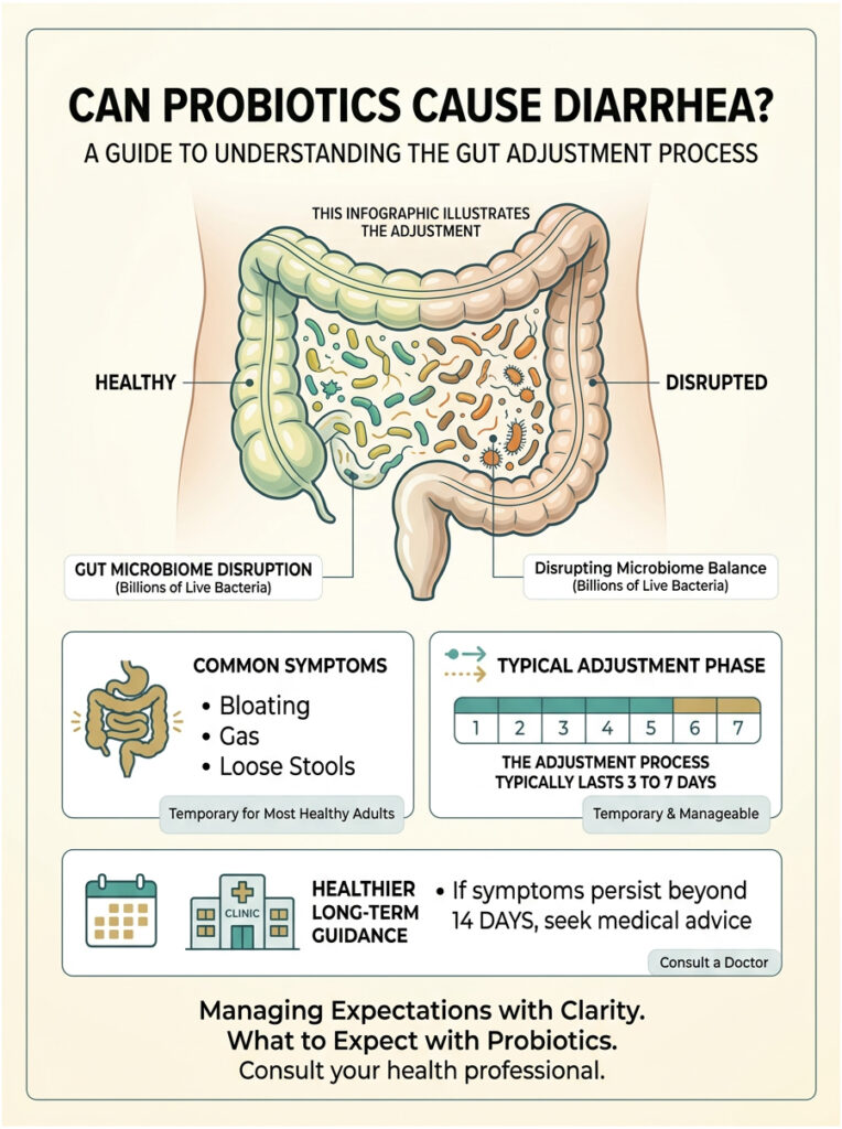 Infographic explaining gut adjustment process with healthy and disrupted microbiome, symptoms, and adjustment phase timeline.