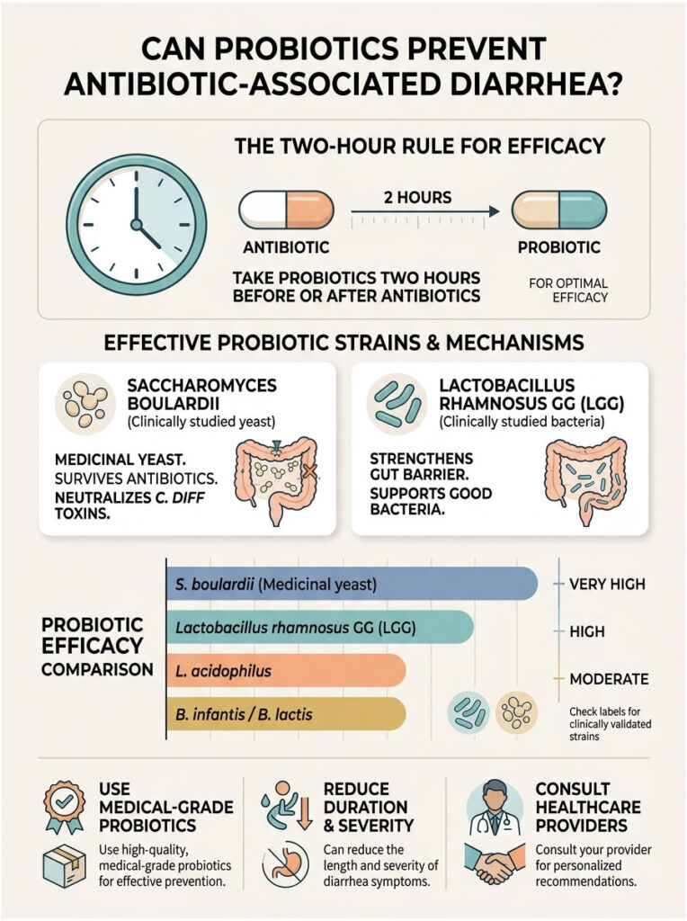 Infographic explaining probiotics for preventing antibiotic-associated diarrhea, featuring charts and key strains.