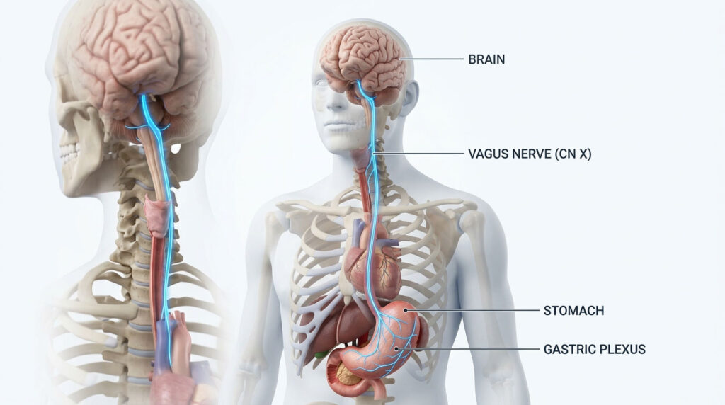 Anatomical illustration showing the brain, vagus nerve, stomach, and gastric plexus in a human body model.