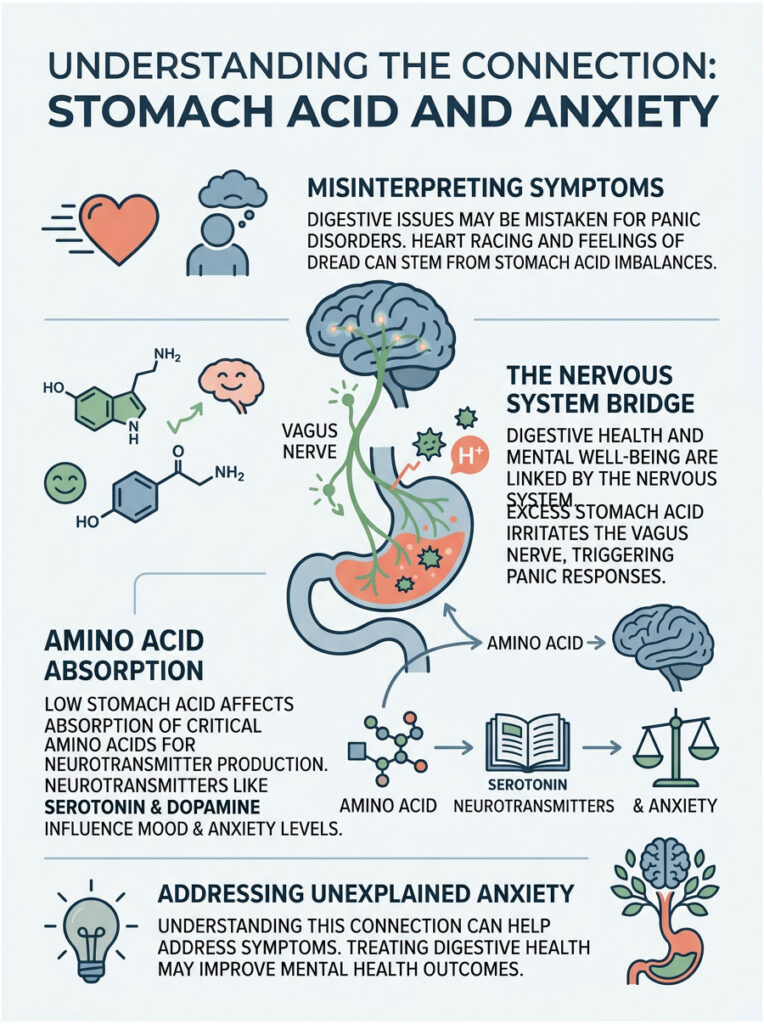 Infographic showing the connection between stomach acid and anxiety, with sections on symptoms, nervous system, and amino acids.