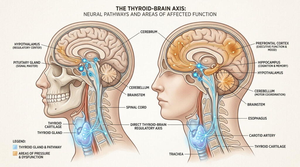Diagram illustrating the thyroid-brain axis with labeled brain structures and pathways connecting them.