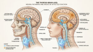 Diagram illustrating the thyroid-brain axis with labeled brain structures and pathways connecting them.