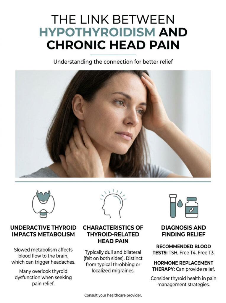 Infographic showing the link between hypothyroidism and chronic head pain with text and illustrations.