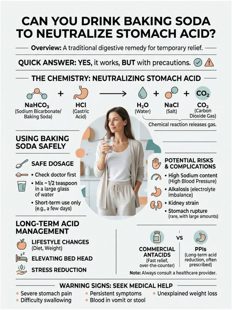 Infographic explaining baking soda's role in neutralizing stomach acid, including chemistry, dosage, and risks.