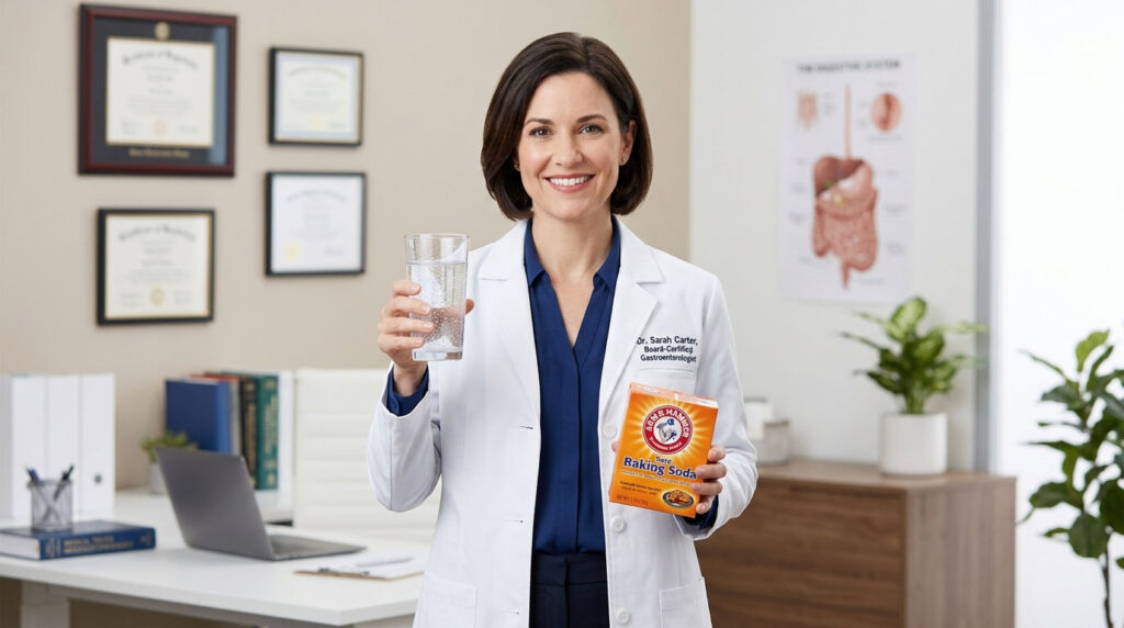 A doctor in a white coat holds a glass of water and a box of baking soda in an office setting.