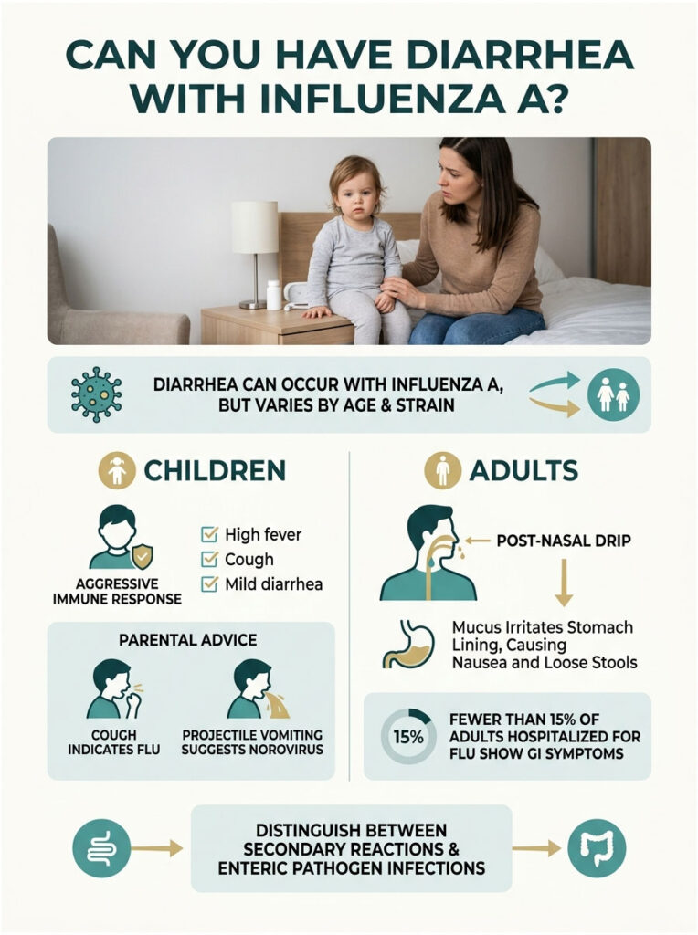 Infographic explaining diarrhea with Influenza A, featuring children and adults, symptoms, and parental advice.