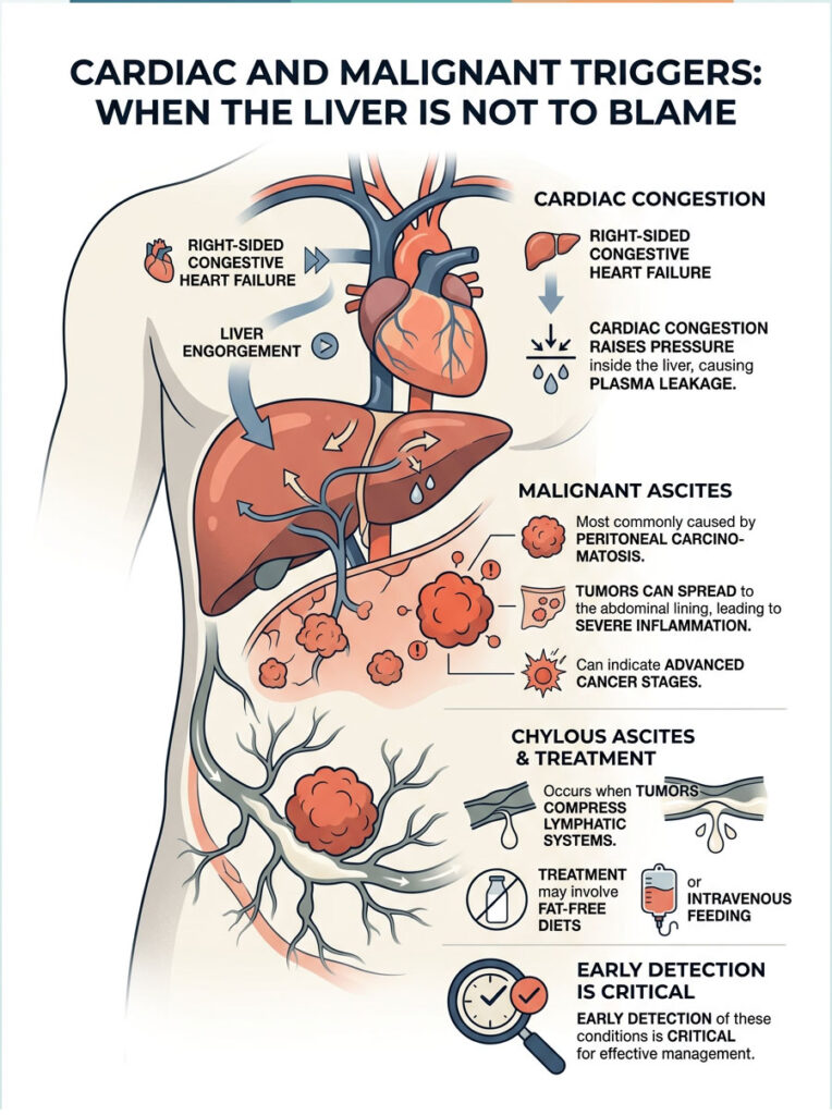 Infographic illustrating cardiac congestion, malignant ascites, and chylous ascites with labeled diagrams and key points.