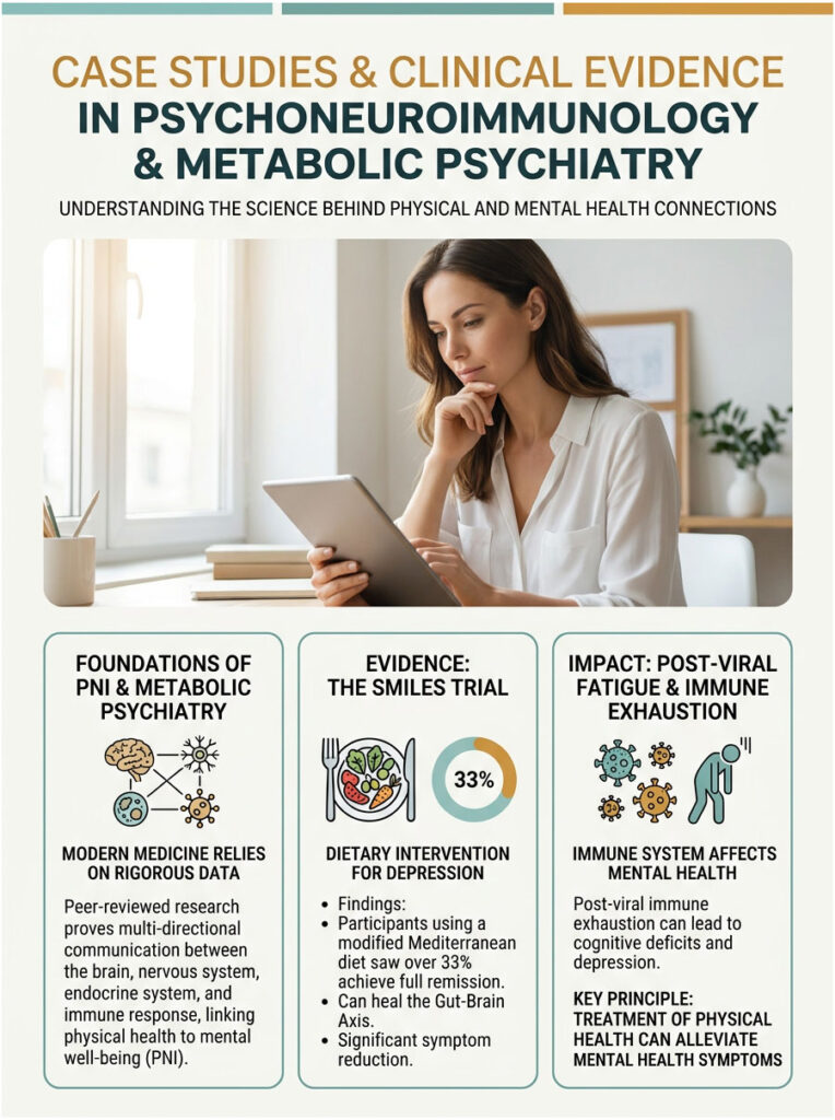 Infographic showing case studies in psychoneuroimmunology and metabolic psychiatry with key findings and illustrations.