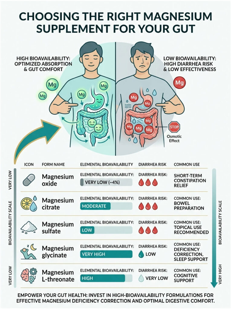 Infographic comparing magnesium supplements, showing bioavailability, diarrhea risk, and common uses for each type.