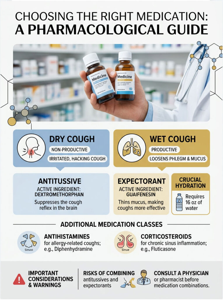Infographic showing medication guide for dry and wet cough, including active ingredients and hydration tips.