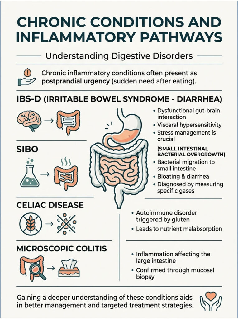 Infographic explaining chronic digestive disorders: IBS-D, SIBO, Celiac Disease, and Microscopic Colitis with illustrations.