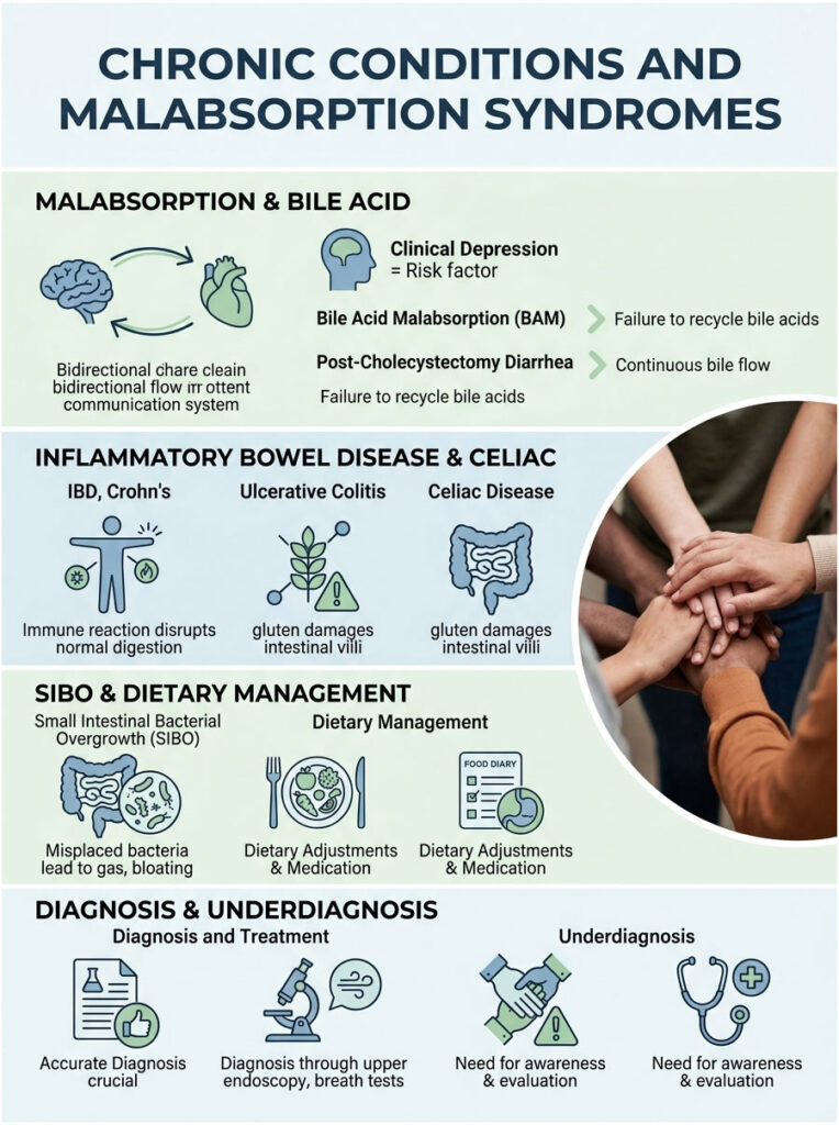 Infographic on chronic conditions and malabsorption syndromes with charts and icons illustrating key points.