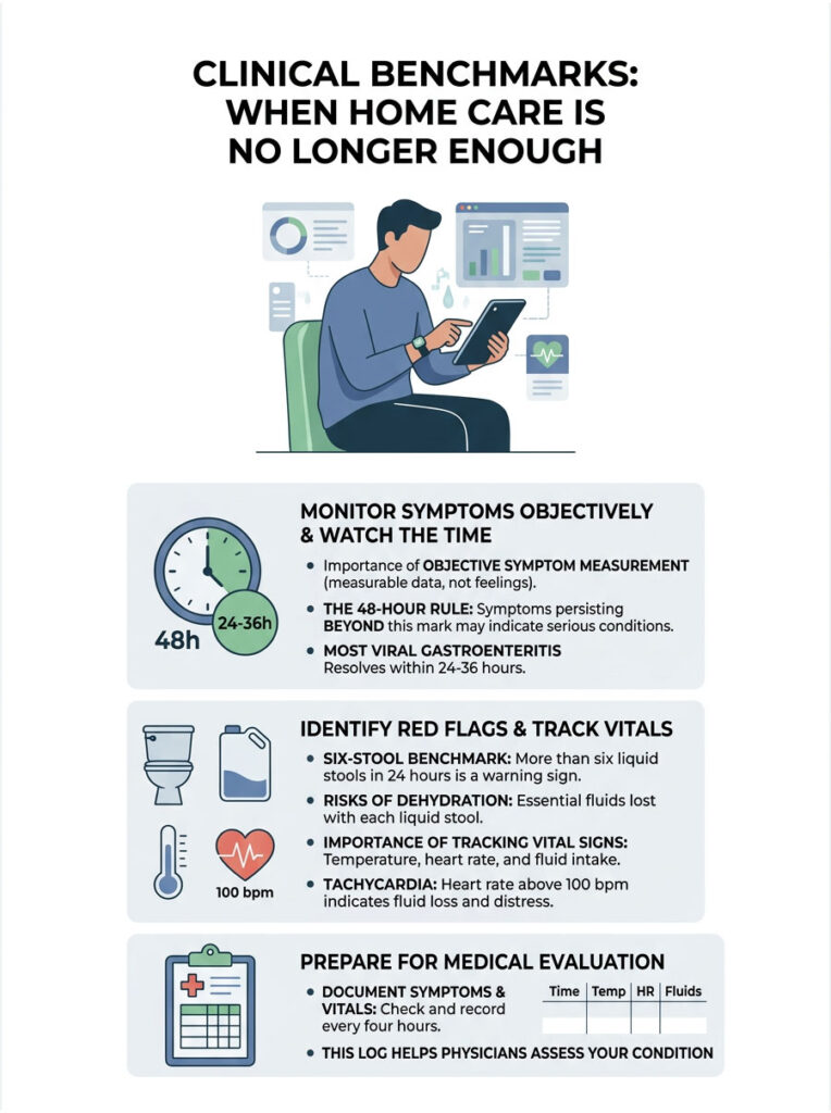 Infographic detailing clinical benchmarks for home care, including monitoring symptoms and vital signs.