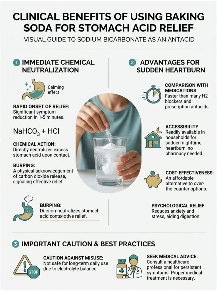 Infographic showing clinical benefits of baking soda for stomach acid relief with charts and icons.