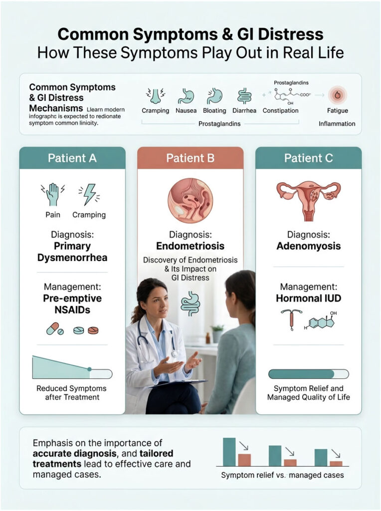 Infographic showing common GI distress symptoms, patient cases, diagnoses, and management strategies.
