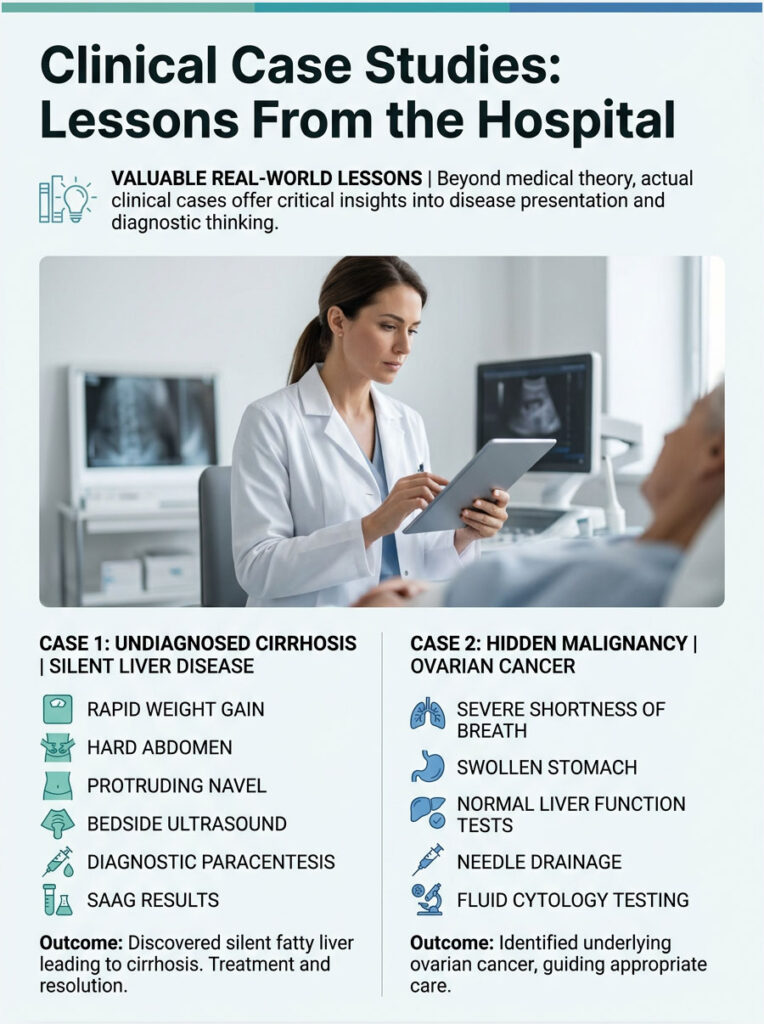 Infographic detailing clinical case studies on undiagnosed cirrhosis and hidden ovarian cancer with key symptoms and outcomes.