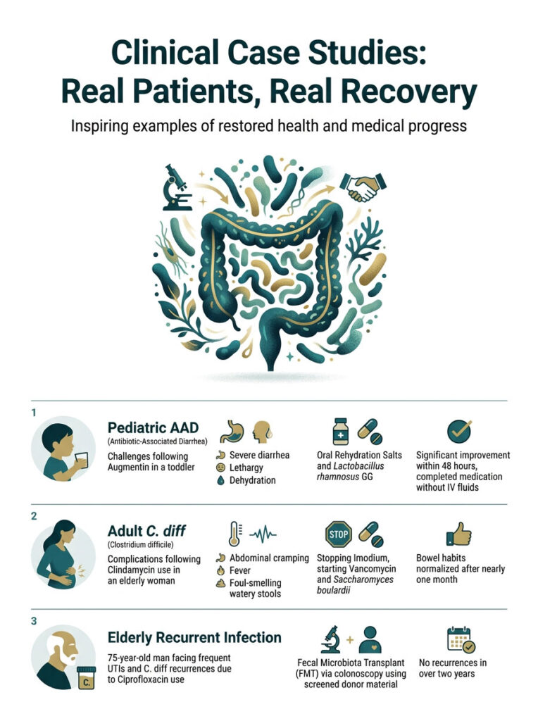 Infographic showing clinical case studies of patients recovering from health issues, including symptoms and treatments.
