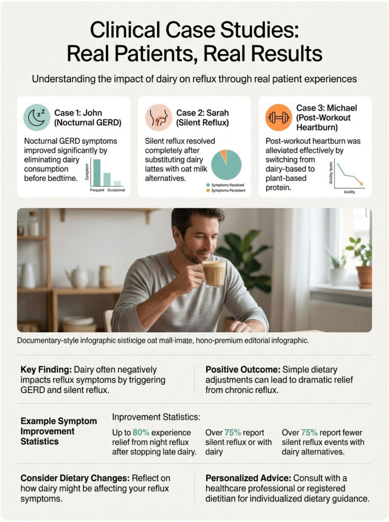 Infographic showing clinical case studies on dairy's impact on reflux, featuring three patient cases and statistics.