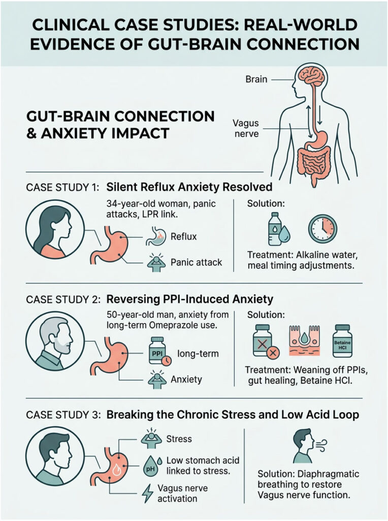 Infographic showing gut-brain connection with case studies on anxiety, treatments, and solutions for reflux and stress.