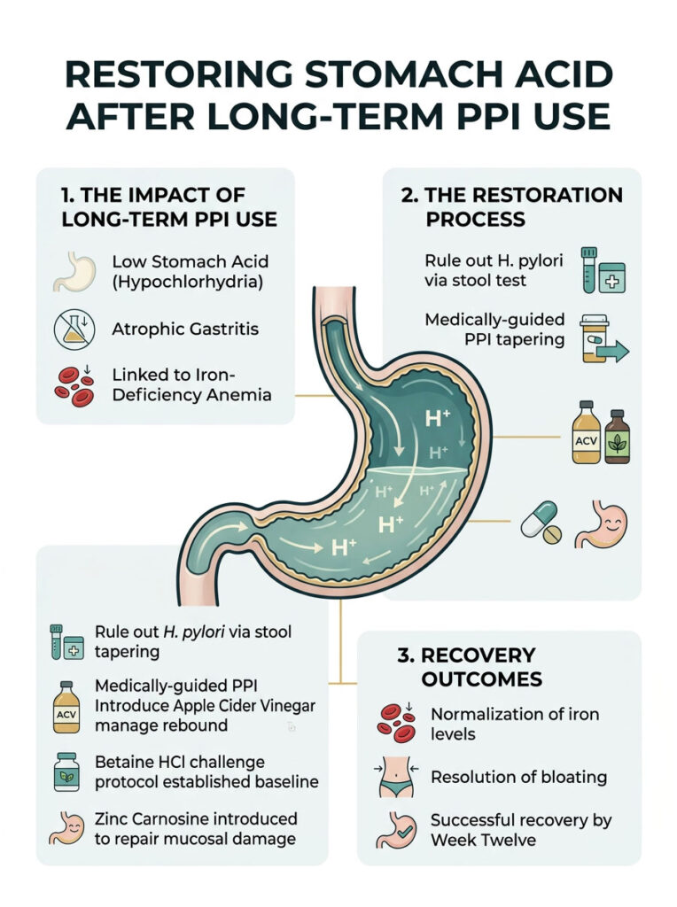 Infographic detailing restoring stomach acid after long-term PPI use with charts and icons illustrating the process.