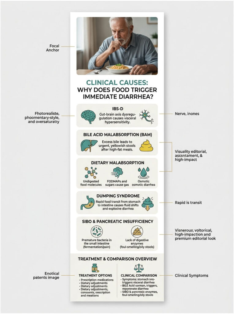 Infographic explaining clinical causes of immediate diarrhea, including IBS-D, BAM, and dietary malabsorption.
