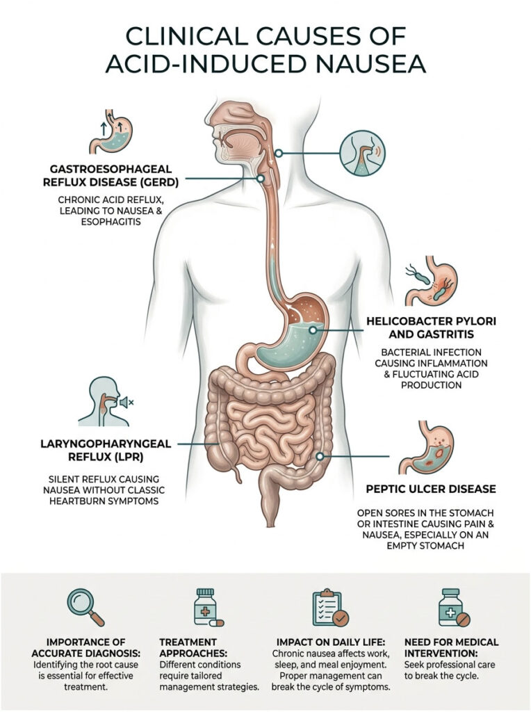 Infographic illustrating clinical causes of acid-induced nausea, including GERD, LPR, H. pylori, and peptic ulcers.