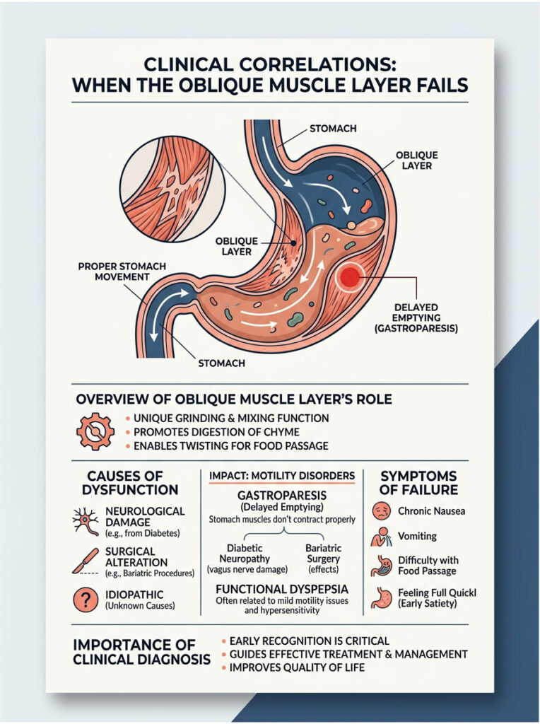 Infographic illustrating the role of the oblique muscle layer in stomach function and related disorders.