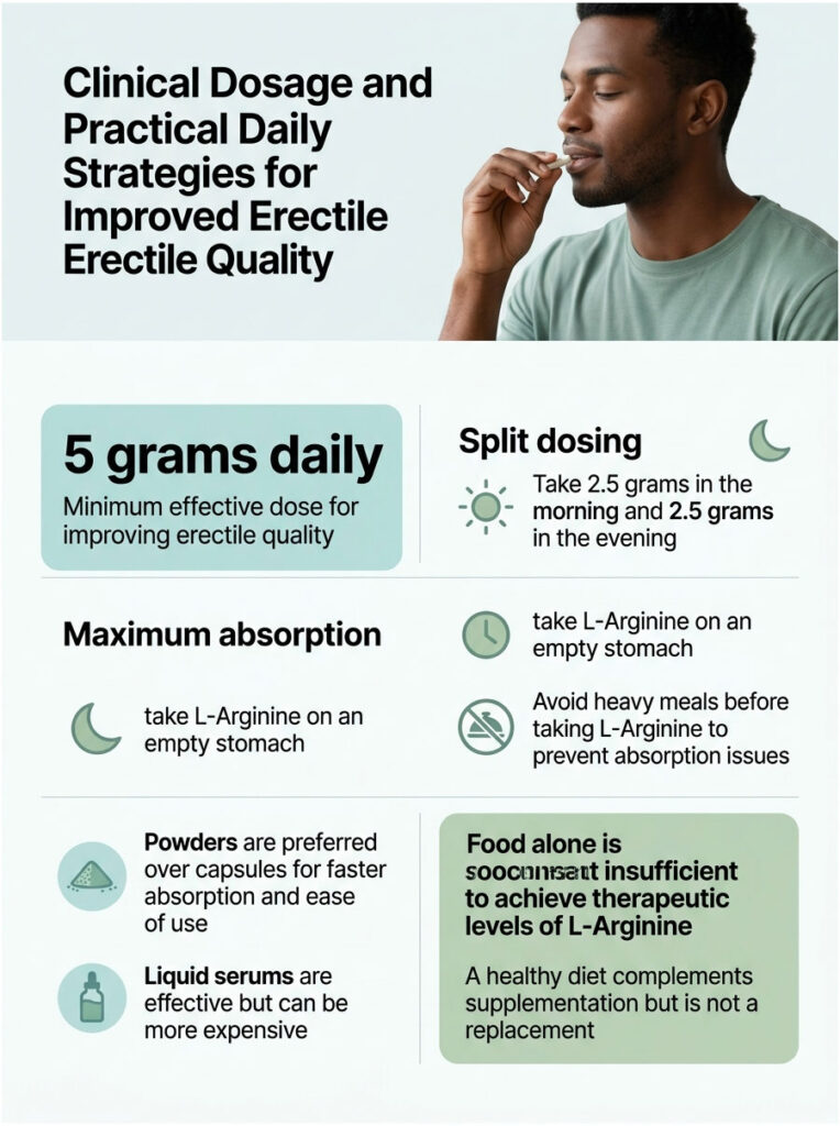 Infographic detailing clinical dosage and strategies for improved erectile quality with L-Arginine.