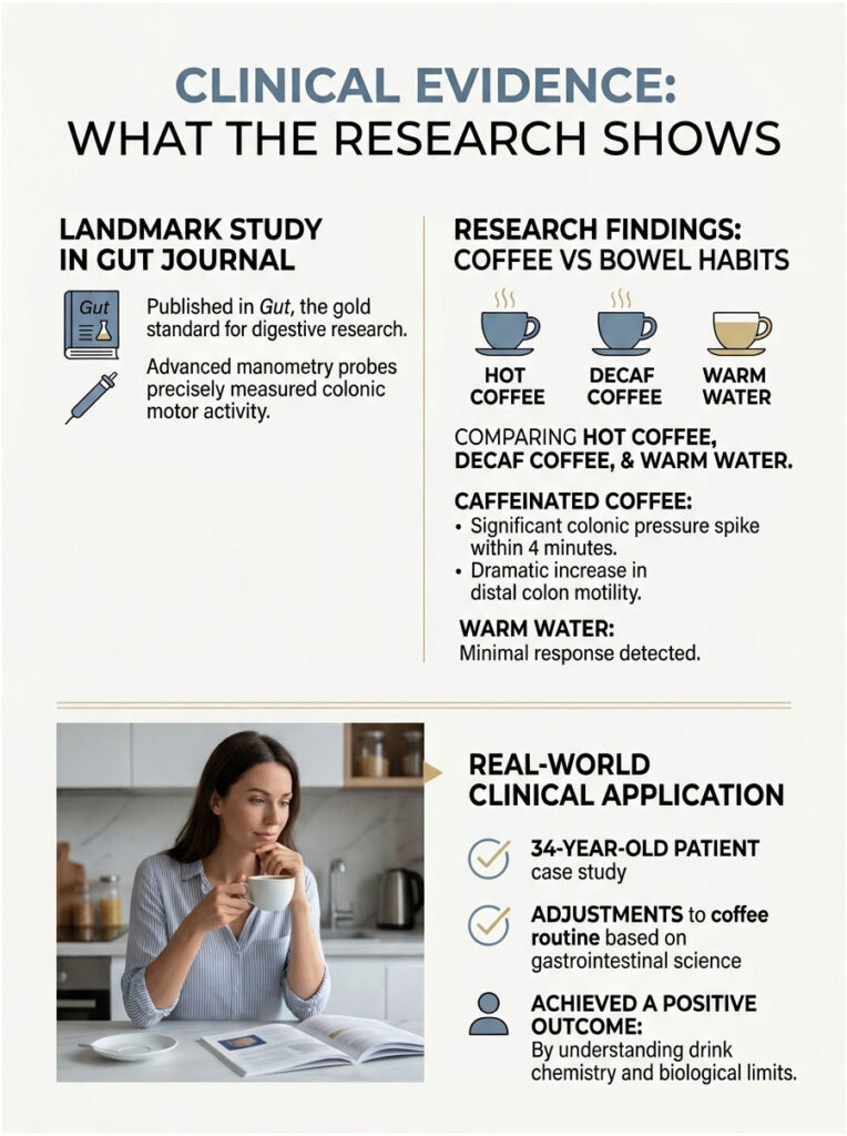Infographic showing research on coffee's effects on bowel habits, featuring charts and a woman drinking coffee.