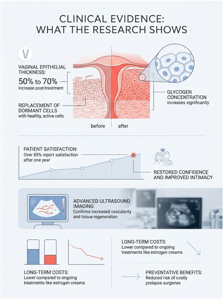 Infographic showing clinical evidence of vaginal treatment effects, including statistics and diagrams of cell changes.