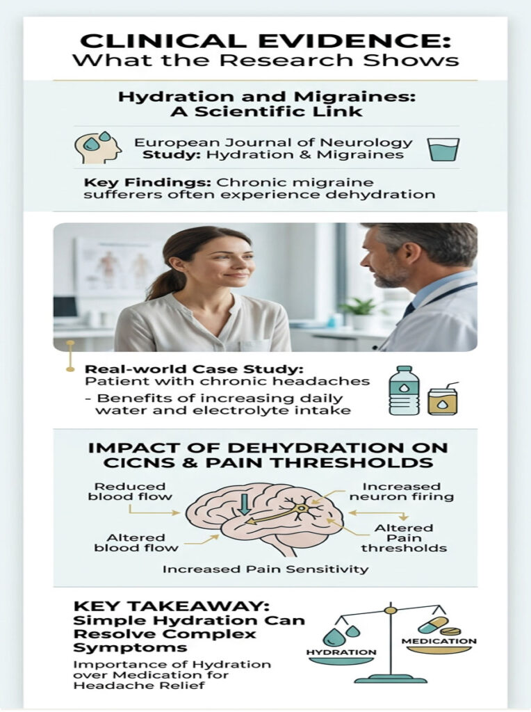 Infographic showing hydration's link to migraines, featuring charts, case studies, and key findings on dehydration effects.