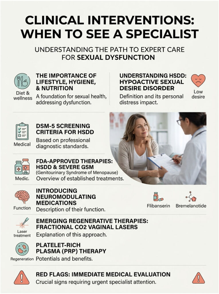 Infographic on clinical interventions for sexual dysfunction, detailing therapies and screening criteria.