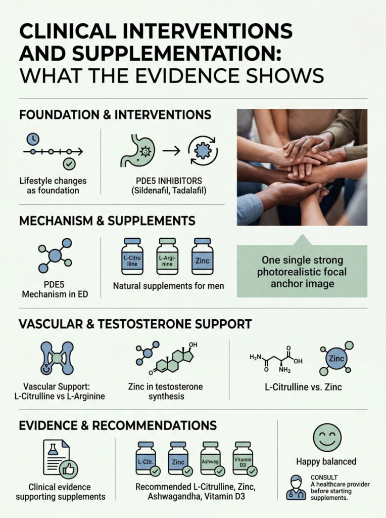 Infographic showing clinical interventions and supplements for erectile dysfunction, featuring charts and icons.